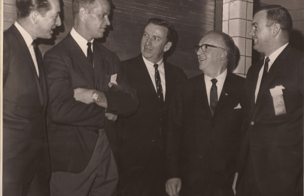 Hockey minds and talents John Daley, Gordie Howe, Jack Riley, John Mitchell and Don Hall at 1965 banquet.